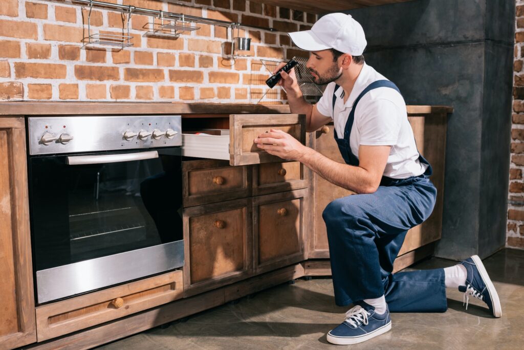pest control worker examining cabinet in kitchen with flashlight
